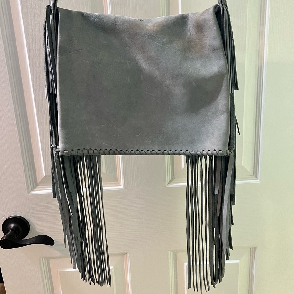 GENUINE SUEDE gray fringe boho cowgirl handmade crossbody bag